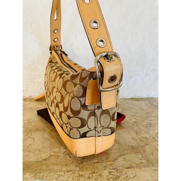 Vtg COACH signature canvas tan fabric convertible shoulder bag 9363 Y2K - Picture 5 of 10